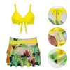 Kvinnors badkläder Kvinnor Hög midja V-hals vändningar Front Beachwear Bikini Set Split Spaghetti Tryckt baddräkt Ruffled Swimming Suit