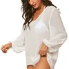 Women's Swimwear Women Summer Loose See-through Sun-proof Top Bikini Cover-ups Solid Color Puff Sleeve V-neck Beach Dress Swimsuit