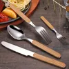 Geschirr Sets 1 PC Retro Edelstahl Geschirr mit Holzgriff Löffel Messer Gabel Besteck für Home Küche Utensilien