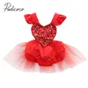 Rompers Brand Princess Summer Toddler Baby Girls 03Y Romper Short Petal Sleeve Sequined Solid Backless Belt Lace Dress 230525