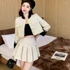 Arbeitskleider 2023 Koreanische Mode Kleine Duftende Zweiteilige Set Herbst Tweed Einreiher Kurze Jacke Mantel Plissee Miniröcke Outfits