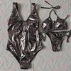 Yaz Kadın bikini seti Moda Deri Tek Parça Mayo Metal Mektup Mayo