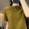 Kvinnors T-skjortor Summer Green Wool Blended T-shirt Kvinnor O-Neck Kort ärm toppar Stickade koreanska mode Tees Shirt Mujer Loose Casual