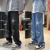 Mäns jeans vintage street Men's Korean denim byxor y2k cltoes streetwear tryckt lapptäcke manliga baggy jeans raka byxor för män 230524