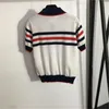 Designer Kort ärm Knit toppar randig knapp ner Polo Lapel Neck Jumper Cotton Blend Single Breasted Casual tröja Kvinnor kläder