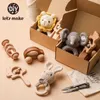 Rattles Mobiles Lets Make 4pcsset Wooden Rattle Sets Cartoon Animal Crochet Wood Car Block Soother Teether Set Montessori Toddler Toy 230525