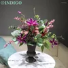 Decorative Flowers Purple Clematis Chrysanthemum (1 Set With Vase) Artificial Flower Arrangement Bonsai Designed Christmas Centerpiece -