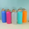 Sublimazione Bottiglie d'acqua in vetro bianco 20 once Bicchiere per succhi di vetro smerigliato Bicchieri da viaggio colorati con coperchio in bambù 600 ml