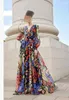 Robes décontractées 2023 printemps été femmes coloré à manches longues lanterne col en v en mousseline de soie drapé vacances robe de plage