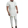 Мужские спортивные костюмы 2023 мужской костюм Kaftan 2PCS Установите белую ленту круглую шею с коротки