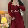 Casual Dresses Korean Style Sweet Girl Square Collar Slim Dress Women's Long-sleeved A-line Knee-length Fashion Elegant Female Clothes