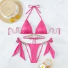 Luxury Diamond Bikini 2023 New Women Feminis Pink Hot Pink Fabric Lace Top Top Toel 2 Peças Aprodata de banho de praia P230525