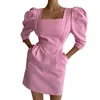 Robes décontractées dames coton lin col carré bulle demi manches poche inclinée dos fermeture éclair Mini robe été élégant Y2k