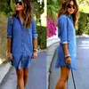 Casual Kleider Mode Damen Denim Kleid Sommer Langarm Dame Mädchen Lose Tops Mini Shirt Plus Größe Herbst Drehen Unten kragen