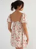 Vintage Puff Sleeve Loose Dresses Holidays Beach Outfits For Women Party Wear Pink Sweet Floral Chiffon Summer Dress