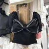 Women's Blouses Rhinestone Bow Square Collar Black Shirt For Women 2023 Summer High Waist Short Blusas Lady White Crop Top