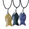 Fish Shaped Stone Pendant Necklace Various Natural Crystal Gemstone Charm Pendant Necklace for Men and Women