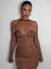 Autumn Clothes Women Chic Mesh Long Sleeve Bodycon Mini Dresses Elegant Party Brown Outfits Robe Night Club Dress