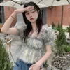 Kvinnor BLOUSES 2023 för kvinnor Summer Mesh Flowers Print Edible Tree Stretch Shirt Fashion Puff Short Sleeve Chopped Top