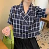 Damespakken Vintage Plaid Cropted Blazers Women 2023 Zomer Dunne korte mouw met dubbele borte jas Koreaans gekotte nek Casual