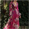 Robes Décontractées De Base Automne Femmes Mode Bohème Floral Imprimé Col En V À Manches Longues Robe En Mousseline De Soie Plissée En Gros Navire Z4 Drop Dhzjf