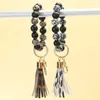 Keychains 1Pcs Black And White Markings Keychain Wood Beads Wrist Strap Bracelet For Women Keys Pu Leather Keyring Jewelry Gifts