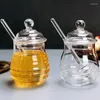 Förvaringsflaskor honungsburk dispenser flaska transparent hög borosilikatburkar omrörande stång bikakatank 300 ml