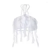 Women's Tanks Summer White Shirt Crop Top Women Clothing Halter Neck Tank Ruffle Vest Camisole Backless Tassel Fringe Tie Up Bustier