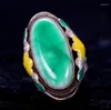 Klusterringar som säljer naturligt Kina gammalt handarbete cloisonne tibetansk silverinläggsgrön jade ring för kvinnor män modetillbehör