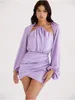 Summer Vacays Outfits Wear Wrap Ruched Bodycon Mini Dress Elegant Luxury Women Satin Long Sleeve Wedding Party Dresses
