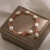 Urok bransoletki modne naturalne kamień truskawkowy kryształ 7-8 mm słodkowodna bransoletka perłowa 18cm długość elastyczne koraliki elastyczne koraliki ręcznie robione
