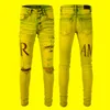 Herenjeans gescheurd stretch amr denim broek hiphop jean mannen vintage lichtblauw lederen lederen lader letter fietser motorfiets slanke skinnymen's