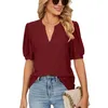 Women's Casual Summer V-Neck T-Shirts Puff Short Sleeve Tops Tunic Blouses