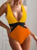 Swimwear féminin Femmes sexy en V Deep en vilage en un morceau de maillot de bain Backless Bikini Bikini Patchwork Imprimé Tankini Bathinage