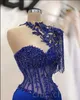 Royal Blue Mermaid Lace Evening Dresses Beaded Tassel Stain Arabic Aso Ebi Fishtail Prom Occasion Dress gece abiye elbiseler