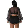 QNPQYX New Women Designers Tracksuits Two Piece Set Sexy Long Sleeve Zipper Sheer Organza Crop Top And Shorts Elegant Outfits