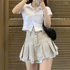 Röcke Koreanische Mode Khaki Kurzer Rock Spitze Niedliche Plissee Damen Harajuku Y2k High Street Stil Knopf Taille Sommer