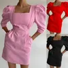 Casual Dresses Ladies Cotton Linen Square Neck Bubble Half Sleeve Slanted Pocket Back Zipper Mini Dress Summer Elegant Y2k