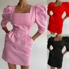 Robes décontractées dames coton lin col carré bulle demi manches poche inclinée dos fermeture éclair Mini robe été élégant Y2k