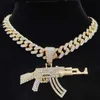 Uomo Donna Hip Hop AK47 Collana con pendente a pistola con catena cubana da 13 mm HipHop Iced Out Bling Collane Gioielli con ciondoli di moda