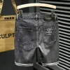 Classic Smoke Grey Denim Summer New Stretch Straight Street Men's Fashion Backpocket Letter Printed Jeans Shorts P230525