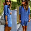 Casual Kleider Mode Damen Denim Kleid Sommer Langarm Dame Mädchen Lose Tops Mini Shirt Plus Größe Herbst Drehen Unten kragen