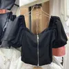 Women's Blouses Rhinestone Bow Square Collar Black Shirt For Women 2023 Summer High Waist Short Blusas Lady White Crop Top