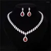 Necklace Earrings Set Grand Water Drop Zircon Bridal Red Gem Wedding Dress Accessories Banquet Jewelry