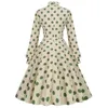 Lässige Kleider, Kirchenstil, A-Linie, gepunktet, lange Ärmel, elegantes Vintage-Kleid für Damen