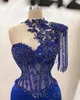 Royal Blue Mermaid Lace Evening Dresses Beaded Tassel Stain Arabic Aso Ebi Fishtail Prom Occasion Dress gece abiye elbiseler