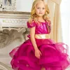 Girl Dresses Charming Rose Red Flower With Gold Belt Tiered Knee Length Birthday Party Gowns