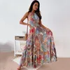 Casual Dresses Women's Summer Boho Beach Maxi Long Dress Print Halter Ruffle Hem Front Split Big Swing Elegant Women Holiday Party Robe