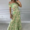 Parti Elbiseler Kat Uzunluğu Yaz Seksi Bohem Tatil Bir omuz elbise kısa kol açık bel baskılı gevşek uzun etek kadınlar