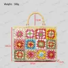 Abendtaschen Bohemian Granny Square St Handtaschen Casual Papier gewebt Bambus Griff Frauen Handtaschen handgemachte Summe Strandtasche große Tote Geldbörse T230526